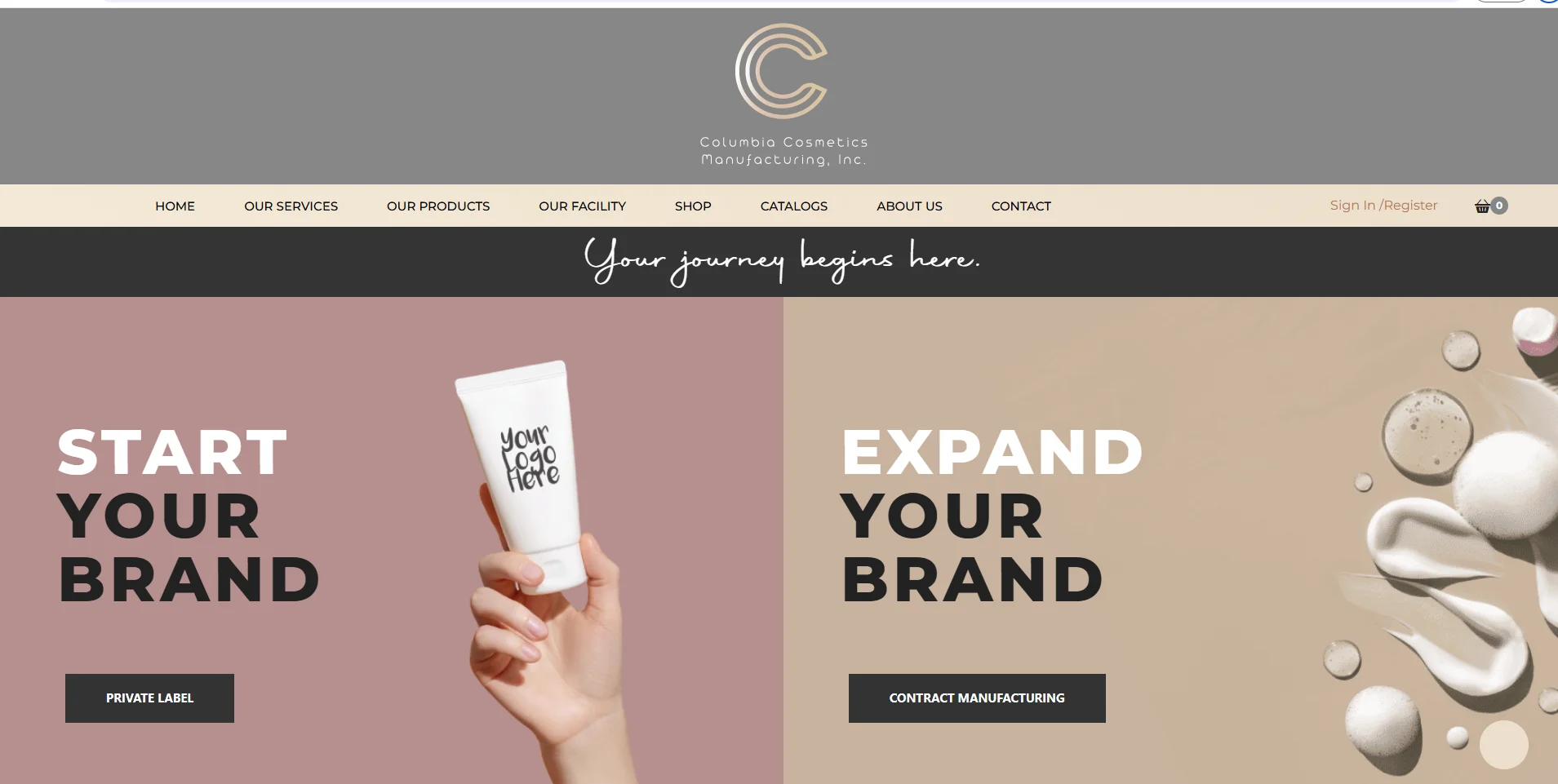 Website banner of Columbia Cosmetics Manufacturing showcasing options to start or expand a brand, with a hand holding a tube labeled 'your logo here'.